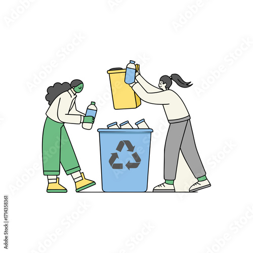 People recycling plastic bottles into bins flat minimal vector isolated eco-friendly