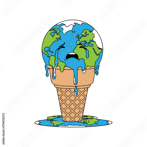 Creative concept of earth melting like ice cream in flat vector illustration