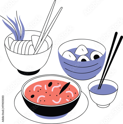 Assortment of Asian food dishes with chopsticks in flat illustration style Keywords: asian food