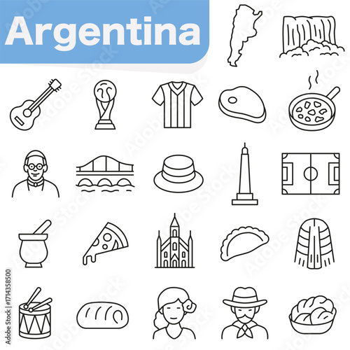 A set of thin line icons symbolizing Argentina. Culture and nature of South America.