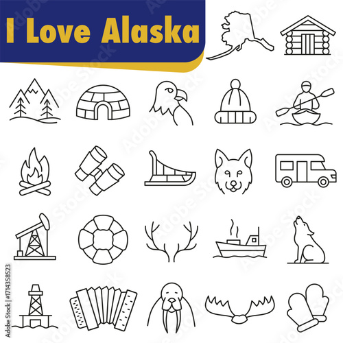 A set of icons symbolizing Alaska. Icons reflecting the spirit of Alaska and northern wilderness.