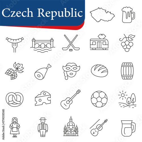 Czech Republic traditions, culture, and symbols in icons. Icons representing symbols of the Czech Republic.
