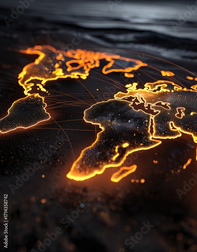 A fiery, glowing world map outlined in orange light, set against a dark, textured background, suggesting global connectivity or energy.  Intricate network lines connect continents