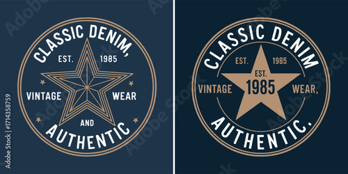 Vintage denim star badge emblem with retro typography for authentic apparel, est 1985 clothing insignia, classic logo for t shirt design