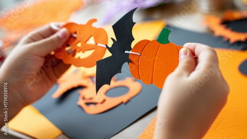 Child hands holding and assembling halloween garland with diy paper pumpkin, bat, and jack o'lantern decorations, creating festive crafts for the holiday celebration