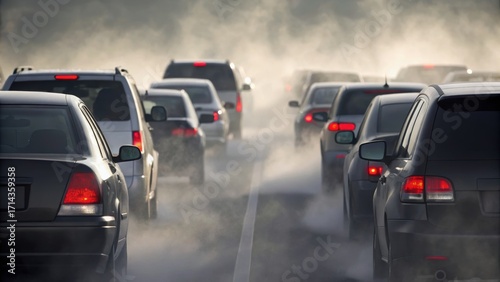 Traffic jam with vehicles emitting exhaust smoke on a congested road.
