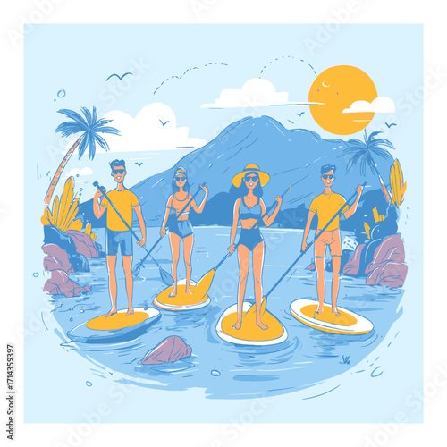 Cartoon Style Illustration of Friends Paddleboarding on a Sunny Day