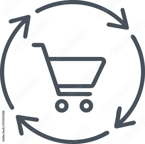 Shopping cart with circular arrows icon symbolizing retail process and customer journey vector