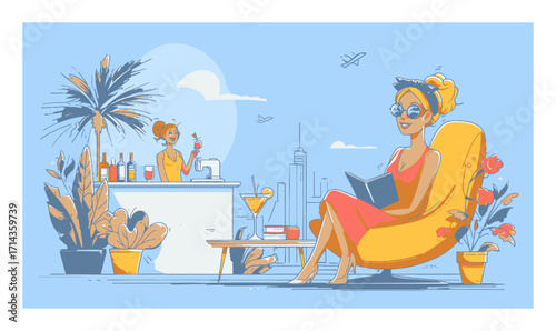 Stylish Cartoon Woman Relaxing with a Book by the Poolside Bar