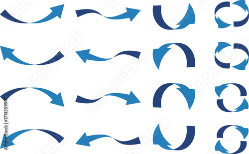 色々な3D風の曲線の矢印セット16種、青
Set of 16 various 3D style curved arrows, blue