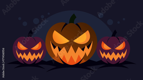 Three Pumpkins with Evil Grins in Darkness background