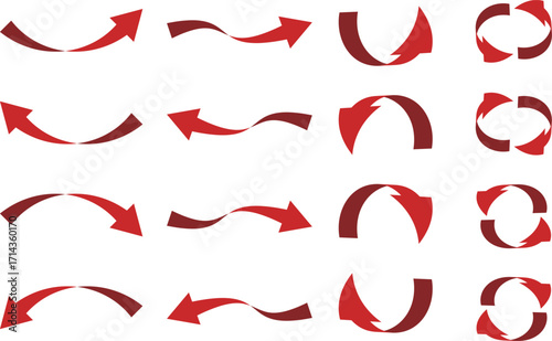 色々な3D風の曲線の矢印セット16種、赤
Set of 16 various 3D style curved arrows, red