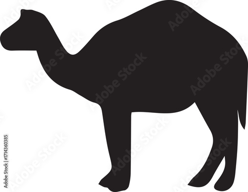 Camel Silhouette: A minimalist image of a stoic camel standing, a powerful symbol of endurance in the desert wilderness, captured in solid black against a simple backdrop.