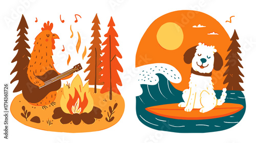 Playful Cartoon Illustration of Chicken Playing Guitar by Fire and Dog Surfing