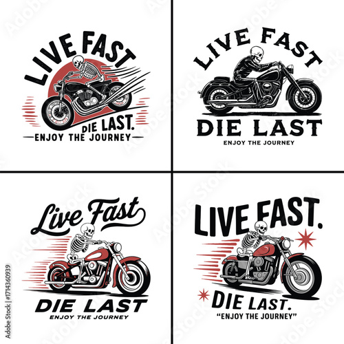 Live fast die last skeleton rider motorcycle illustration with vintage slogan typography, biker lifestyle graphic for t shirt design
