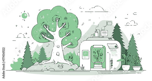 Eco-Friendly Cartoon Illustration of a Tree and a Modern House
