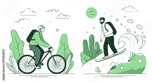 Vector Cartoon Illustration of Cyclist and Snowboarder in Nature Scene