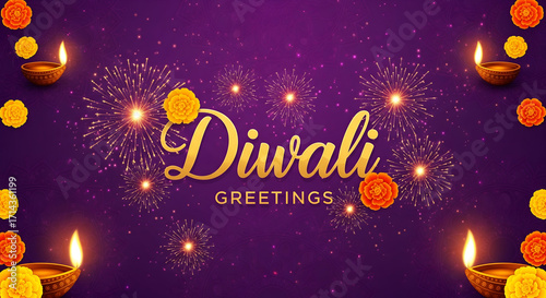 Diwali Greetings with Fireworks and Diyas on Purple Background