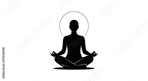 Silhouette of a person in lotus position meditation with a halo against a white background image