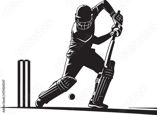  Black silhouette of a cricket player batting on a white background, vector design