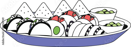 Colorful Cartoon Plate of Tacos Nachos and Guacamole with Black Background salsa