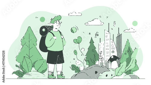 Adventurous Cartoon Explorer Surrounded by Nature and City Landscape