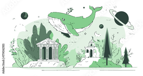 Whimsical Vector Illustration of a Whale and Ancient Structures in Nature