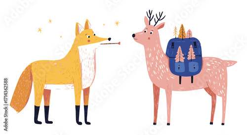 Cute Cartoon Fox and Deer with Backpack and Forest Elements Illustration