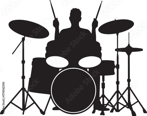 Black silhouette of a drummer playing drums on a white background, vector clipart