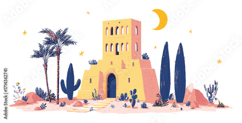 Illustration of Colorful Desert Landscape with Domed Structures and Sun