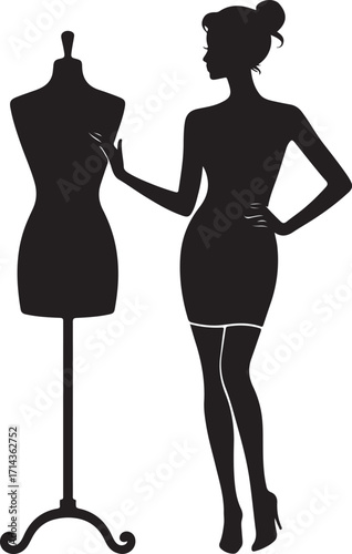  Black silhouette of a fashion designer with mannequin on a white background, vector style