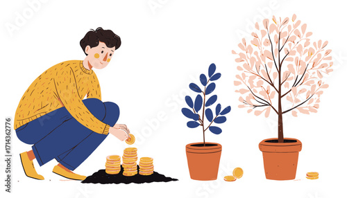 Digital Illustration of Two Characters Walking Past a Vintage Clock and Cityscape