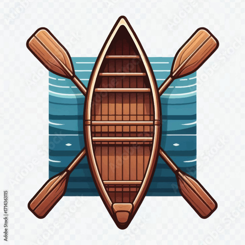 Wooden canoe with crossed paddles top view illustration.