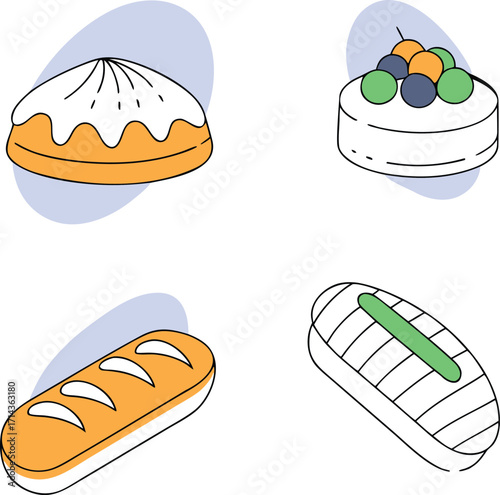 Four Assorted Baked Goods and Pastries on Black Background cakes bread