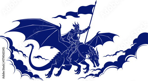 cobalt knights dragon flight a majestic silhouette of fantasy and valor, isolated on transparent background