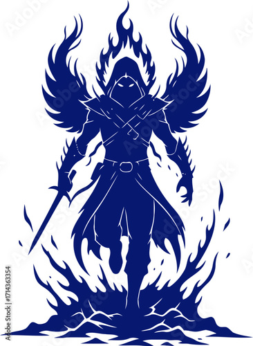 blazing wings dark angels fiery descent, a silhouette of angelic vengeance, isolated on transparent background