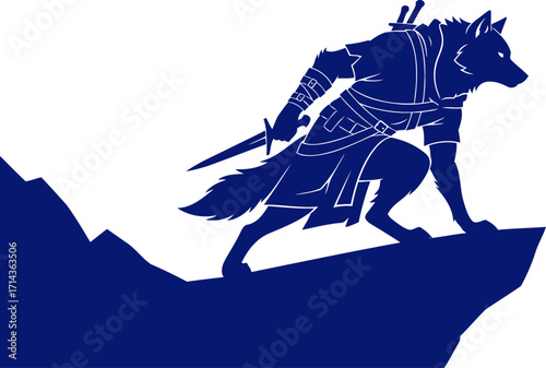 cobalt wolf warriors silent prowl a silhouette of stealth and determination on the mountain peak, isolated on transparent background