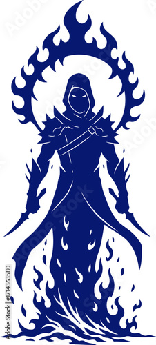 enigmatic blue assassin a fiery silhouette of mystery and vengeance, isolated on transparent background