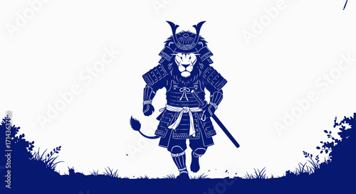 lion samurais courageous charge a cobalt silhouette of unwavering resolve and ancient honor, isolated on transparent background