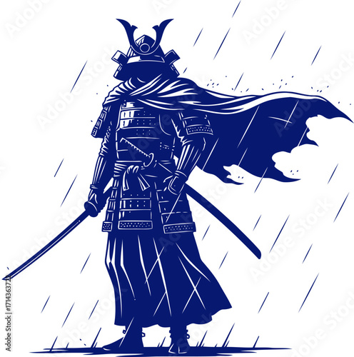 lone samurais rainy vigil a cobalt silhouette of stoic fortitude and silent honor, isolated on transparent background