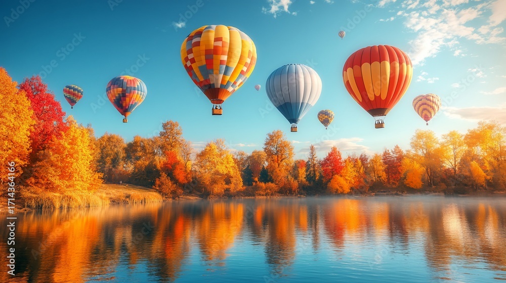 Fototapeta premium Hot air balloons float above colorful autumn trees reflecting in a serene lake