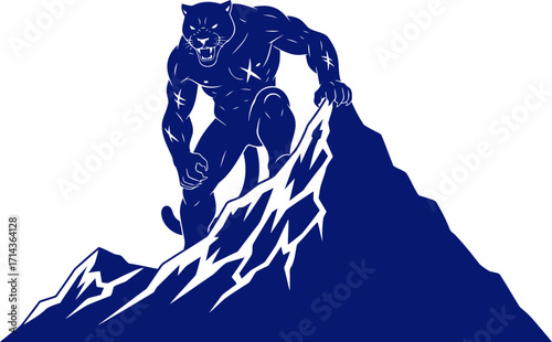 mountaintop pumas dominating ascent a navy blue silhouette of primal power and conquest, isolated on transparent background