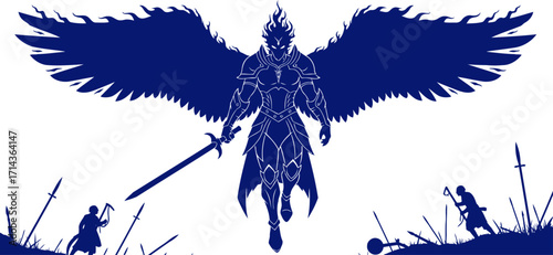 navy blue angel warrior descends a celestial silhouette of war and judgment, isolated on transparent background