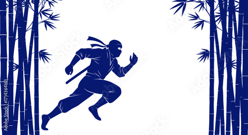 ninjas silent sprint blue silhouette speeding through bamboo forest, isolated on transparent background