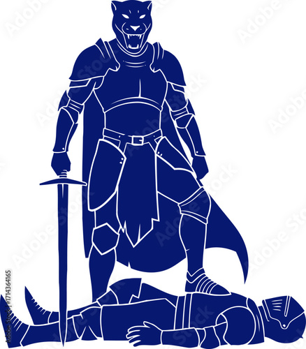 panther knights victorious stand a blue silhouette of triumphant justice, isolated on transparent background