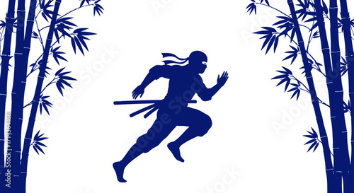 ninjas silent flight blue silhouette of a warrior leaping through bamboo forest, isolated on transparent background