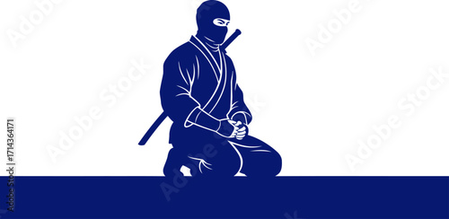 ninjas silent meditation a blue silhouette of patience and power, isolated on transparent background