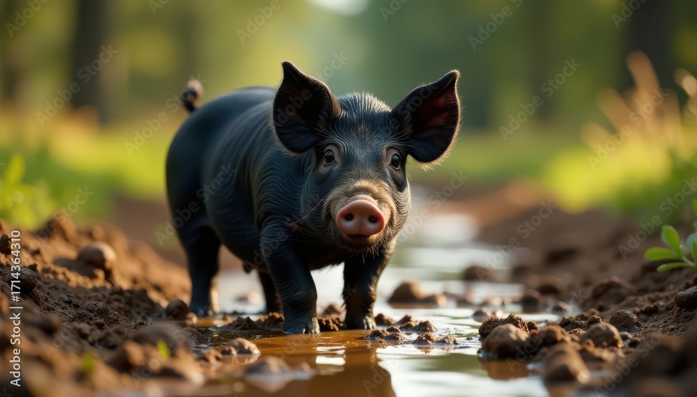 Fototapeta premium Black pig wallowing in rich mud, idyllic countryside , happy, farming