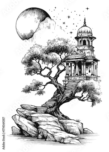 Hand-Drawn Engraving of a Majestic Tree and Architectural Structure