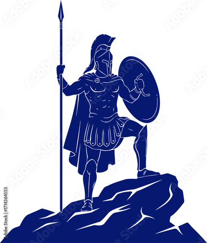 spartans zenith atop the rock, a blue silhouette of ancient valor, isolated on transparent background